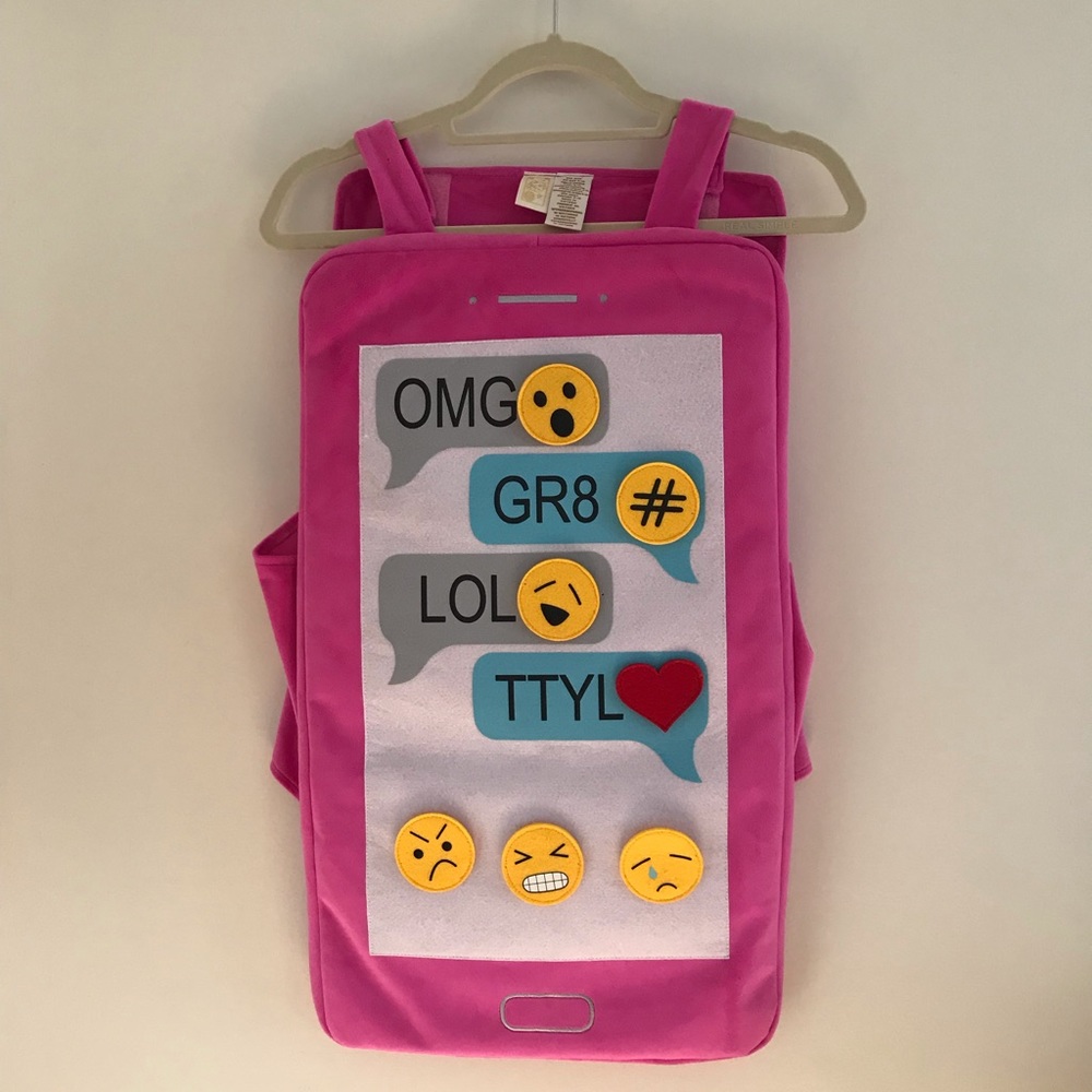 Phone costume with adjustable emojis.